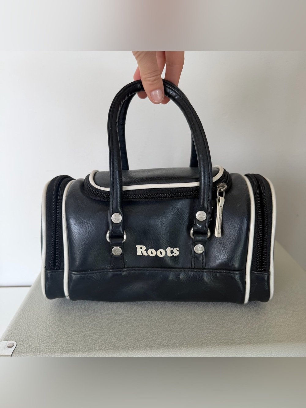 Roots Black Toiletry Bag with White Trim